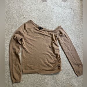 💕Majorelle💕 from Revolve Tan ruched side long sleeve off shoulder top